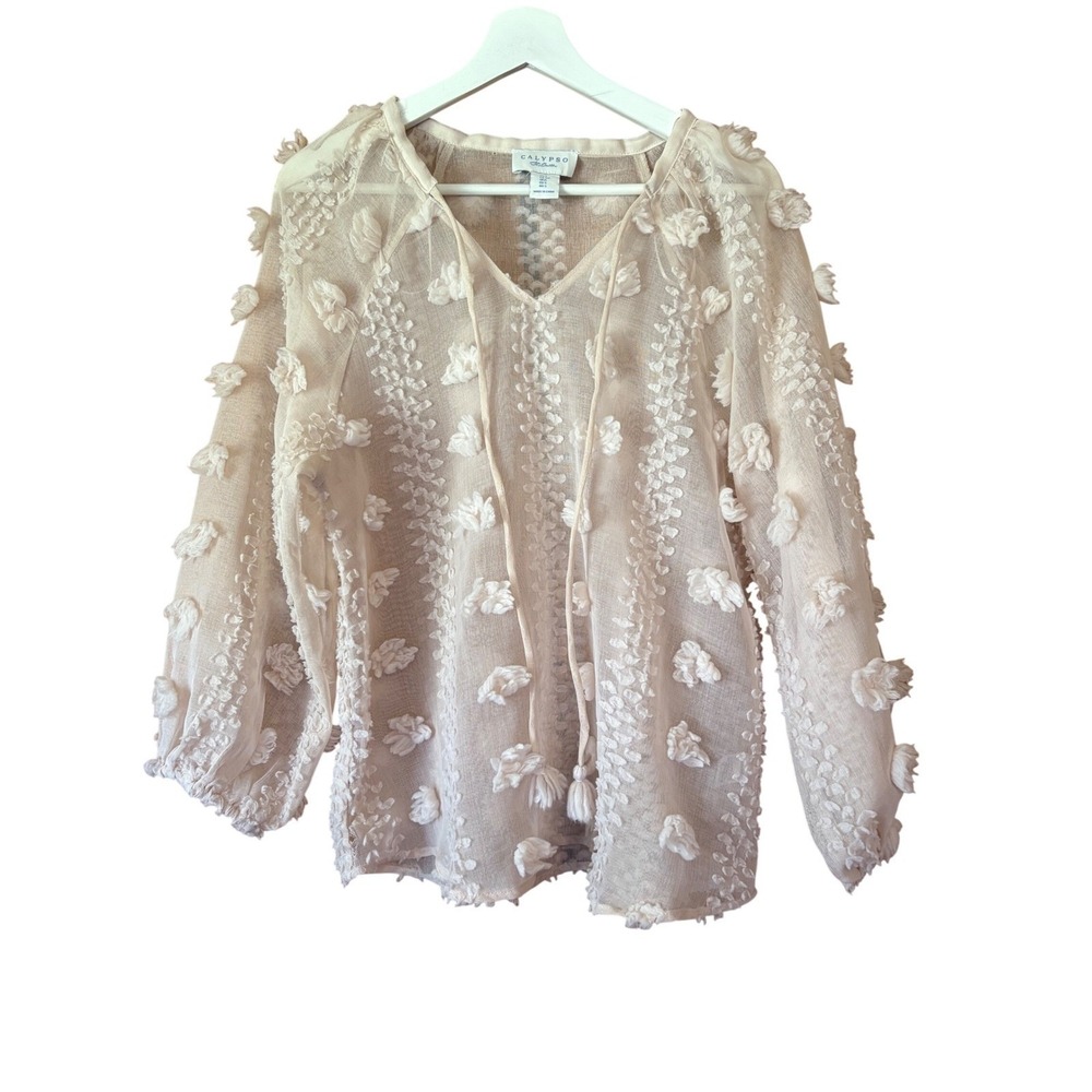 Calypso St Barth Women Peasant Top S Floral Textured Boho Quiet Luxury Old Money - Picture 3 of 9